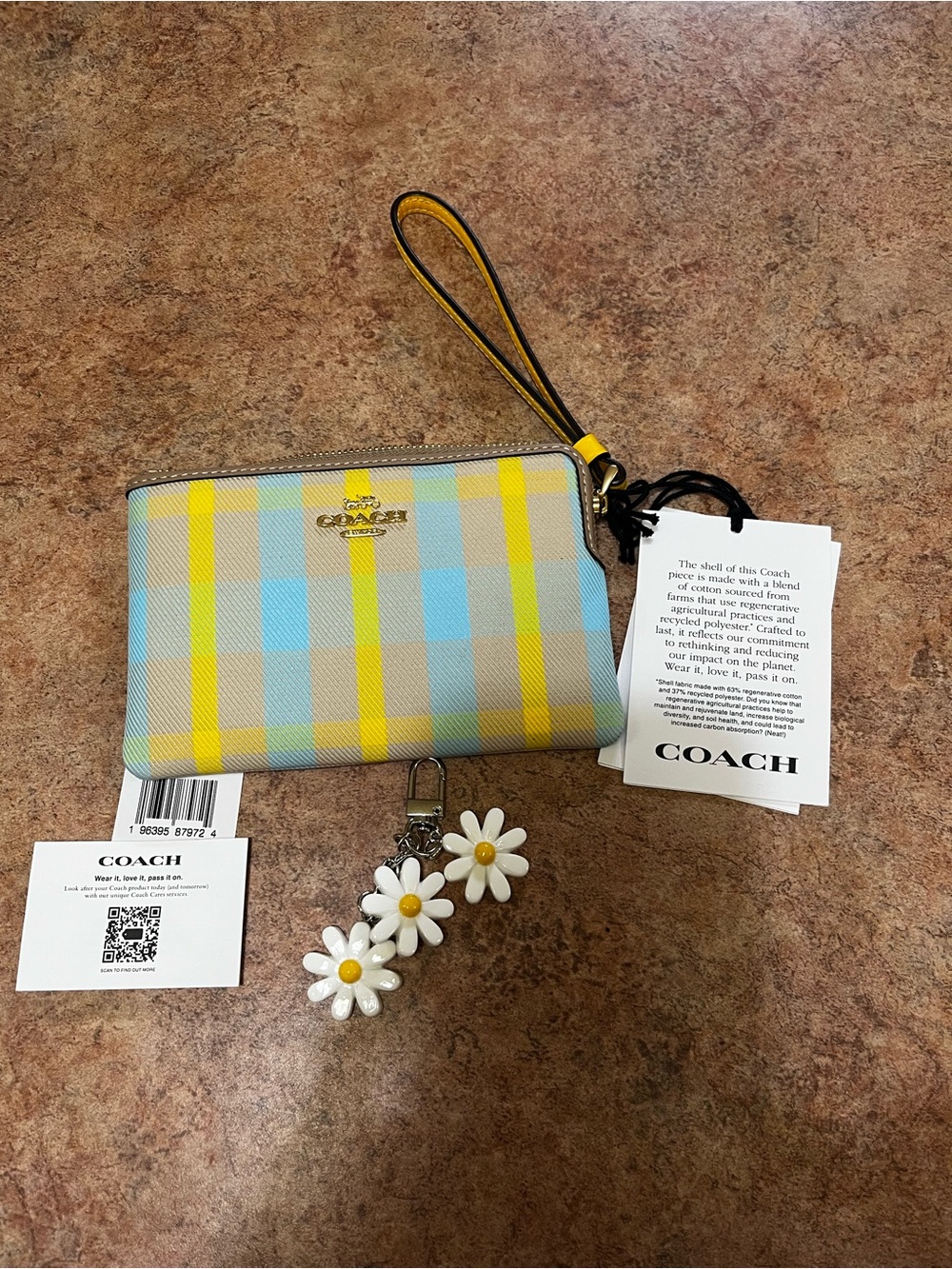 Coach Plaid Zip Wristlet in Yellow and Light Blue with Daisies Charm
